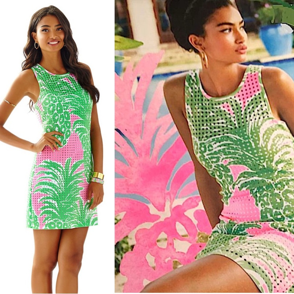 Lilly Pulitzer Perla Pink Pout Flamenco Laser Cut Scuba Ponte Shift Dress, Sz S